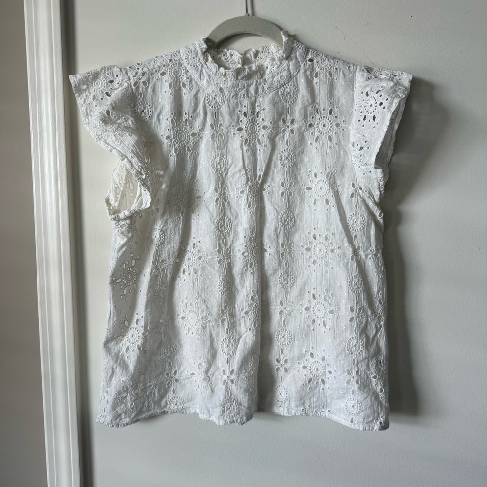 THML White Eyelet Lace Blouse | Ruffle Neck Boho Top | Size M